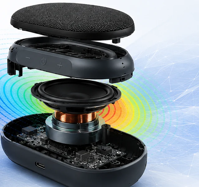 Exploded-view render of a Bluetooth speaker showing driver, voice coil, PCB and enclosure with radiating sound arcs