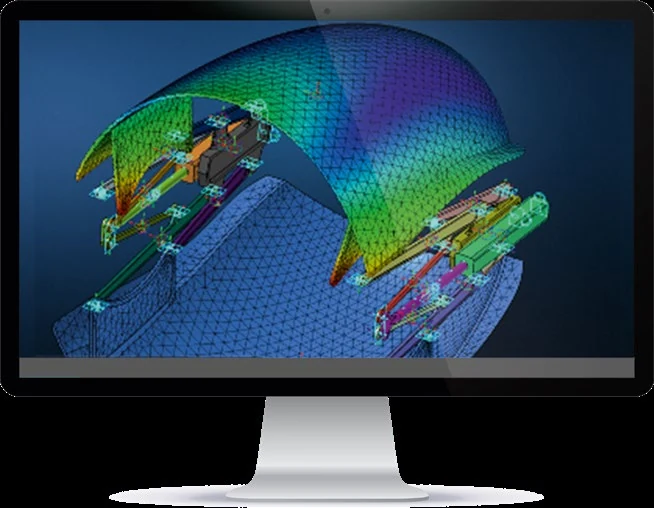 A flexible body finite-element mesh with a stress contour integrated into a multibody deployable mechanism