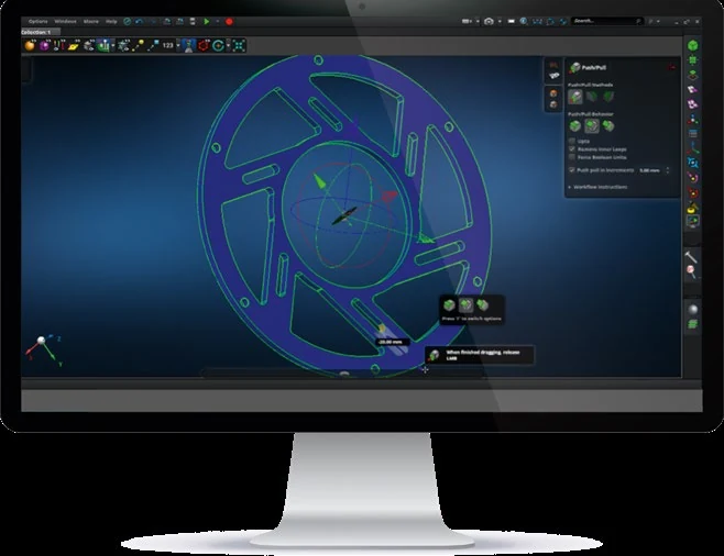 Direct geometry editing on a wheel/hub part in Adams Modeler using a push/pull tool