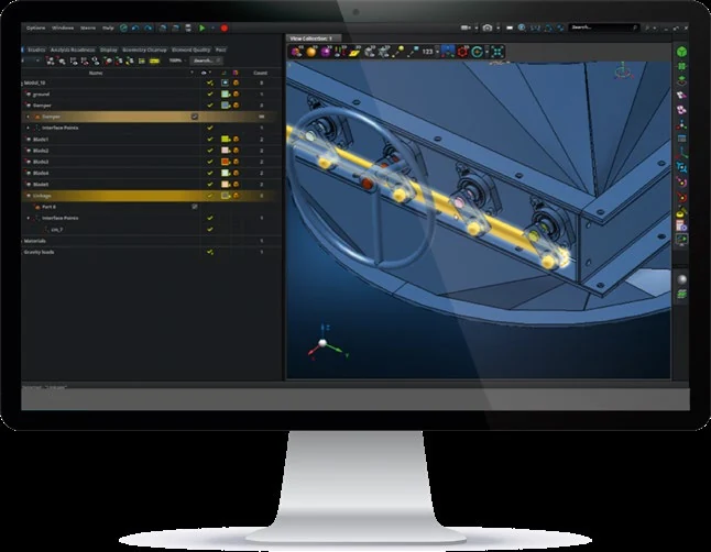Adams Modeler interface showing a model tree of bodies and connectors alongside a 3D mechanical assembly