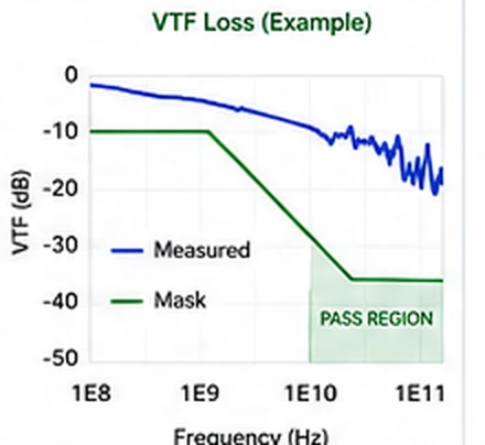 VTF loss versus frequency chart with a measured curve compared against a pass/fail mask, showing a pass region
