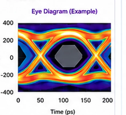 Eye diagram showing voltage versus time with the characteristic overlapping-trace eye pattern used to assess signal timing and voltage margin