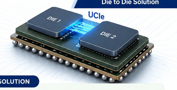 Two chiplet dies mounted on a BGA package substrate with a glowing UCIe die-to-die interconnect channel between them