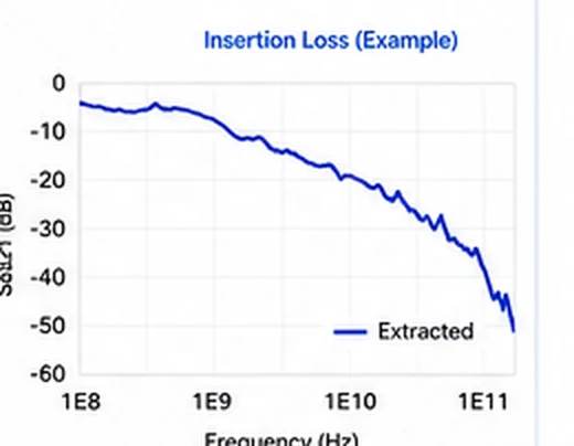 Insertion loss versus frequency chart, S21 in decibels plotted from 1E8 to 1E11 Hz