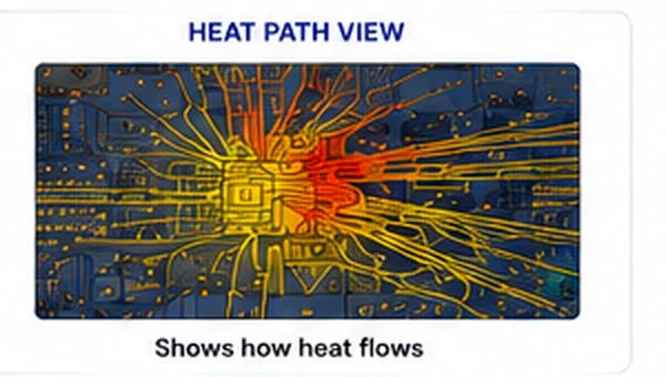 Heat path view showing traced heat-flow lines radiating outward from a hot component on a circuit board