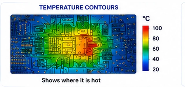 Temperature contour on a populated PCB showing a hot region with a Celsius color-bar legend