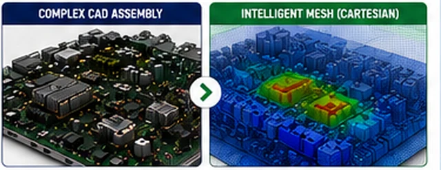 Complex electronics CAD assembly converted into a colored intelligent Cartesian mesh