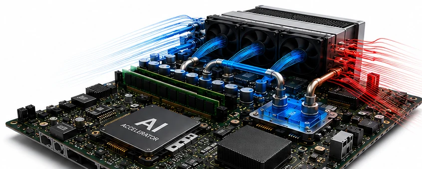Populated accelerator board with cool-side and hot-side airflow streamlines overlaid