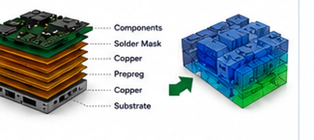 Exploded PCB layer stack-up diagram showing components, solder mask, copper, prepreg and substrate transformed into a meshed board model