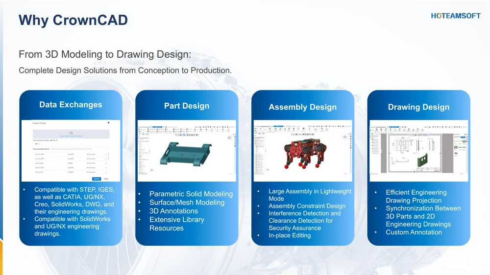 CrownCAD part, assembly, and drawing design workflow