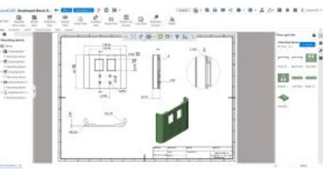 CrownCAD 2D drawing screenshot showing a dimensioned drawing sheet generated from a 3D part