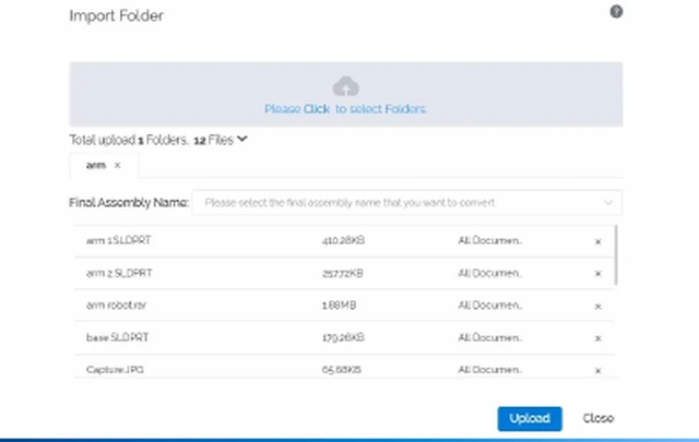 CrownCAD import folder dialog showing a multi-file batch upload of STEP and SOLIDWORKS format files