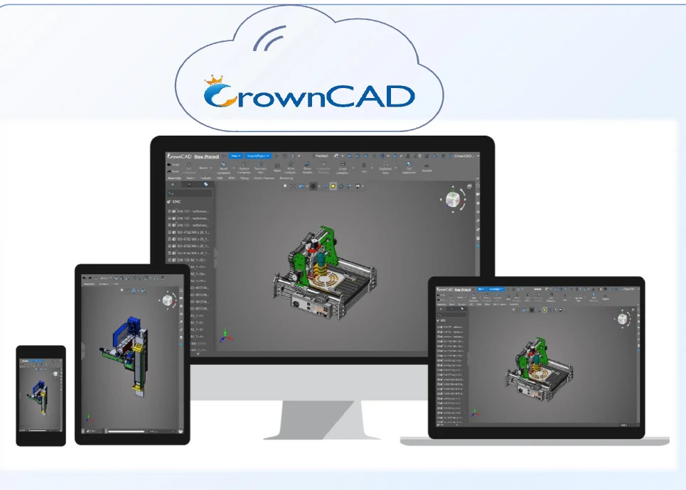 The same CrownCAD model open simultaneously on a desktop monitor, laptop, tablet, and phone