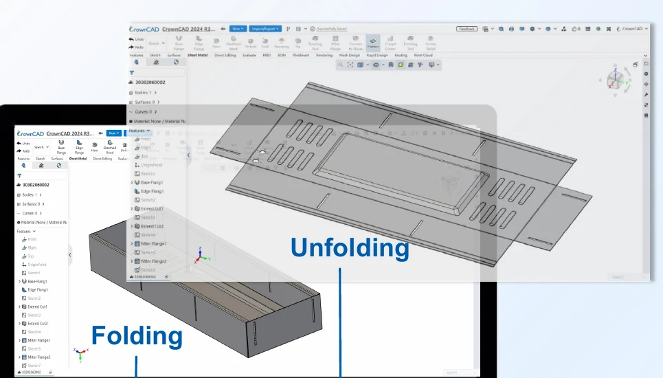 CrownCAD sheet metal design screenshot showing a flat unfolded pattern and the same part folded into its formed shape