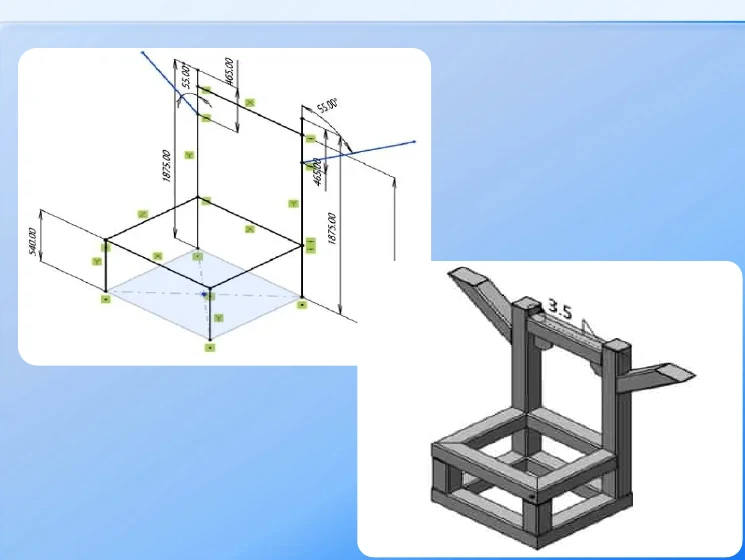 A dimensioned weldment frame sketch alongside the resulting 3D welded frame render