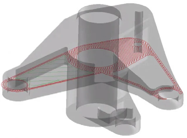 Metal automotive bracket with a candidate zone highlighted for composite redesign