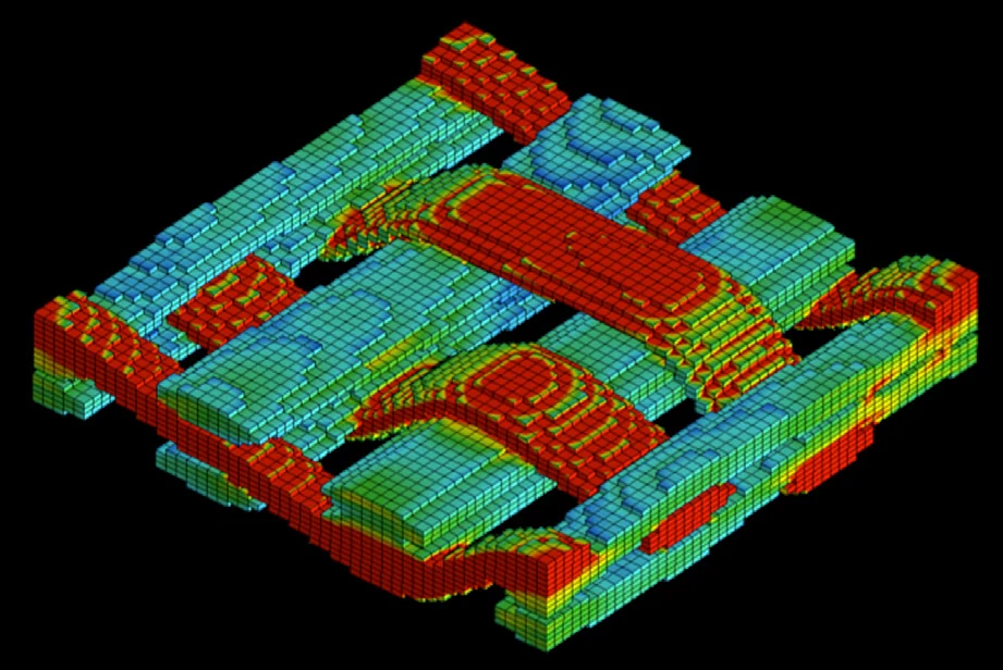 Stress or property contour mapped onto a voxelized woven composite structure