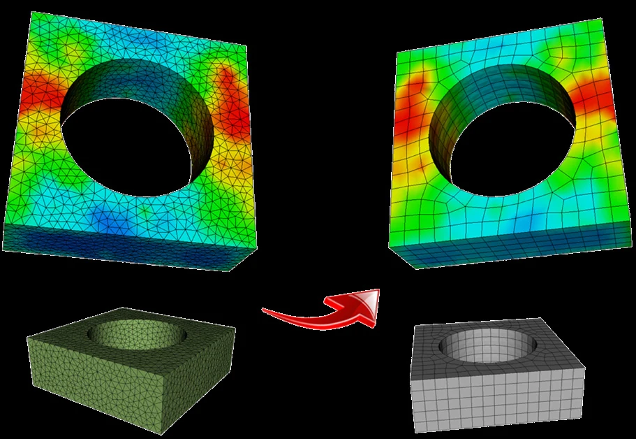 Stress contour mapped from a fine donor mesh onto a coarser receiver structural mesh