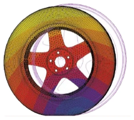 Meshed wheel and rim assembly with radial stress fringe