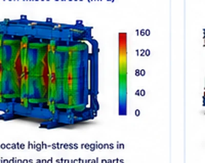 Von Mises stress contour on a dry-type transformer core and winding assembly