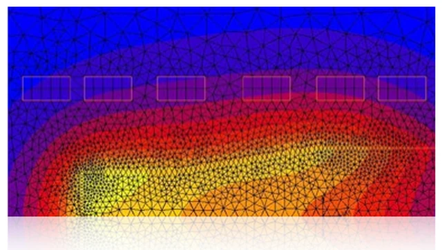 Mesh fringe plot showing localized mesh refinement at a jointed contact interface