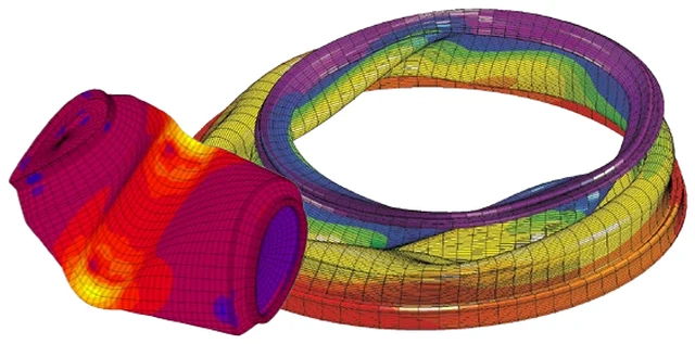Stress contour on a large-deformation rubber-like torus component
