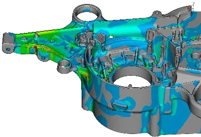 Housing assembly showing bolted and bearing interfaces modeled with contact