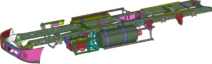 Assembled vehicle frame structural dynamics model used for frequency response analysis