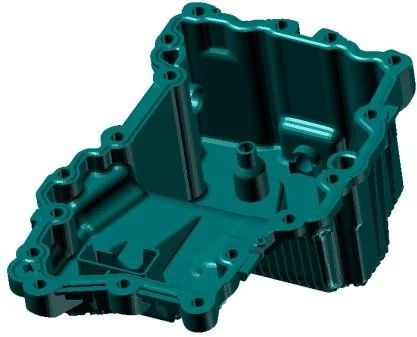 Stress contour on a cast oil pan housing, a thin-walled part suited to large-deflection analysis