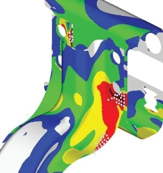 Static stress contour on a bracket assembly with the peak-stress region highlighted