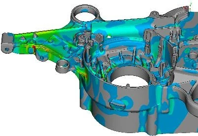 Stress contour on a differential housing showing a complex, contact-rich load path