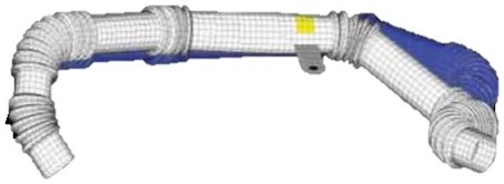 Finite element mesh of a routed pipe assembly used for thermal expansion analysis