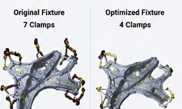 Comparison of an original seven-clamp fixture layout against an optimized four-clamp fixture layout