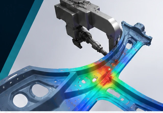 Residual stress contour on a welded chassis assembly with concentrated stress along a weld seam